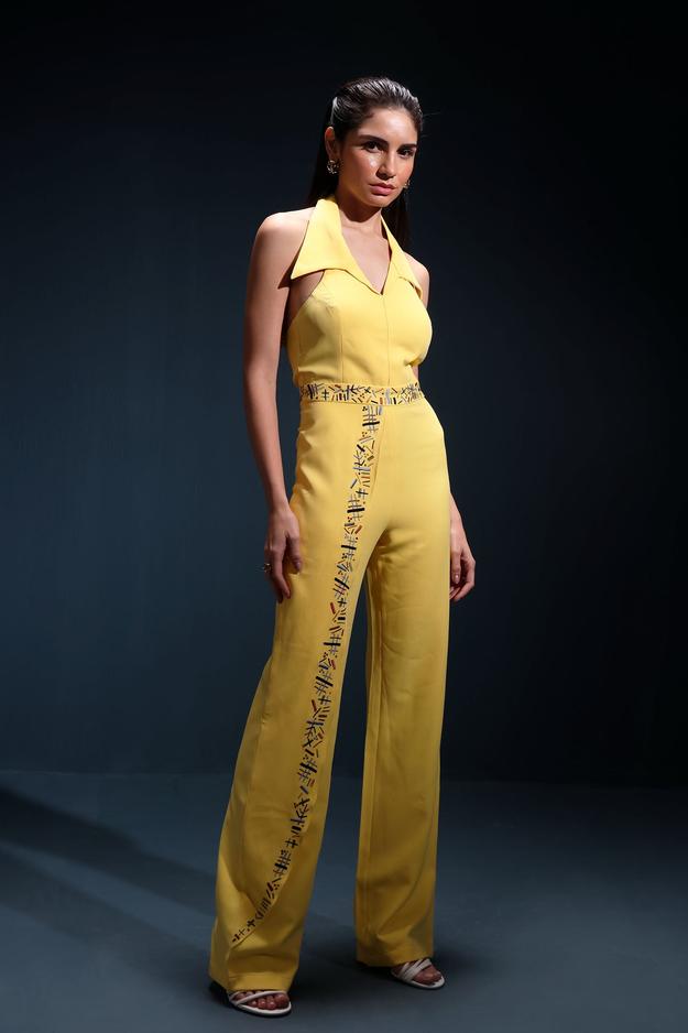 Yellow Halter Embroidered Jumpsuit