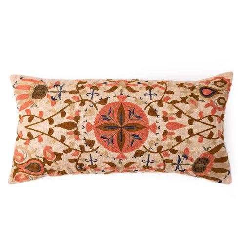 Bukhara Beige Cotton  Slub Embroidered Lumbar Cushion Cover