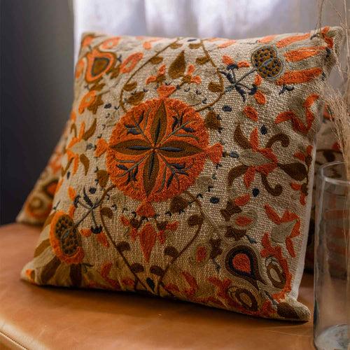 Bukhara Beige Cotton  Slub Embroidered Cushion Cover