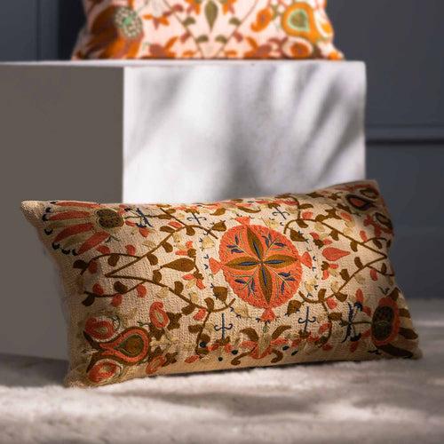 Bukhara Beige Cotton  Slub Embroidered Lumbar Cushion Cover