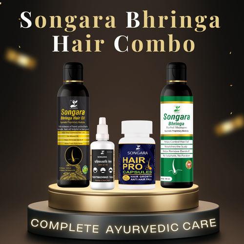 Songara Bhringa Ayurvedic Hair Oil, Shampoo, Capsules & Nasal Drops (1 unit each) to Promote Hair Growth