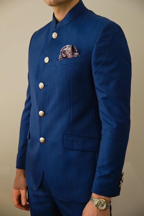 Royal Blue Textured Bandhgala Suit