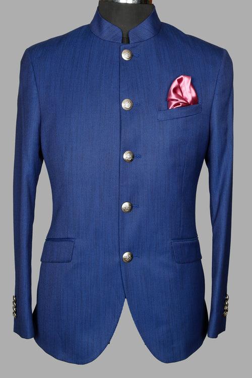 Royal Blue Textured Bandhgala Suit