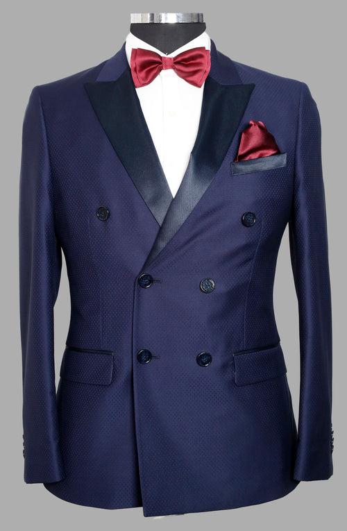 Navy Self Woven Double Breasted Designer Suit