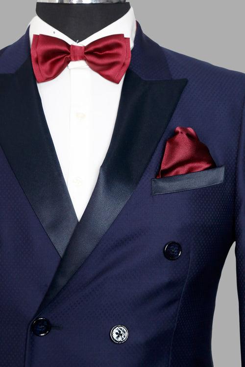 Navy Self Woven Double Breasted Designer Suit