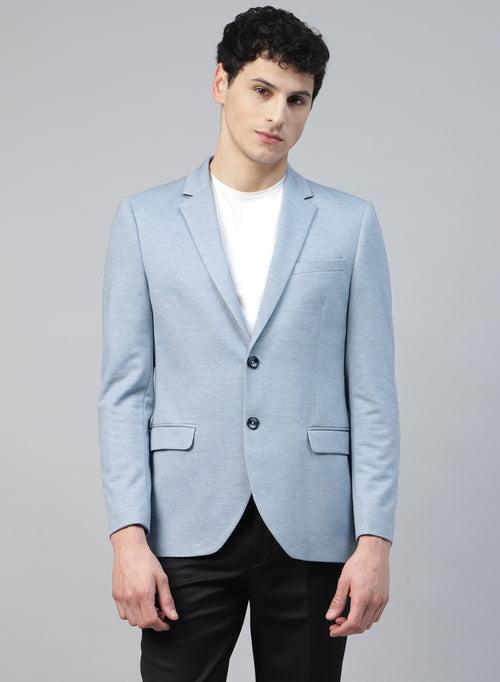 Light Blue Knit Solid Uncrushable Notch Collar Jacket