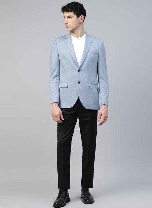 Light Blue Knit Solid Uncrushable Notch Collar Jacket