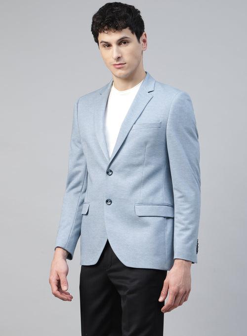 Light Blue Knit Solid Uncrushable Notch Collar Jacket