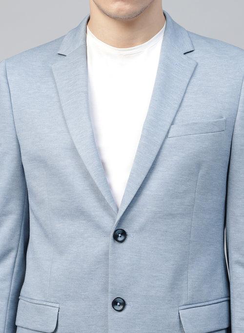 Light Blue Knit Solid Uncrushable Notch Collar Jacket