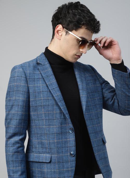 Blue Tweed Checks Tweed Notch Collar Jacket