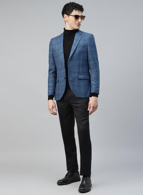 Blue Tweed Checks Tweed Notch Collar Jacket