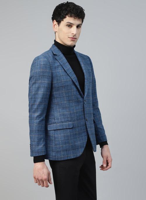 Blue Tweed Checks Tweed Notch Collar Jacket