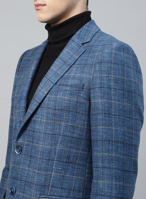 Blue Tweed Checks Tweed Notch Collar Jacket