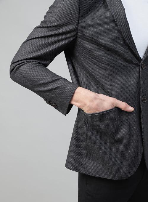 Grey Knit Textured Uncrushable Peak Collar Jacket