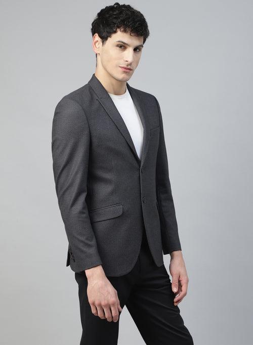 Grey Knit Textured Uncrushable Peak Collar Jacket