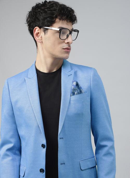 Sky Blue Knit Solid Uncrushable Peak Collar Jacket