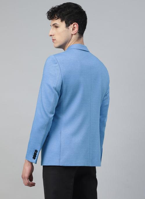 Sky Blue Knit Solid Uncrushable Peak Collar Jacket