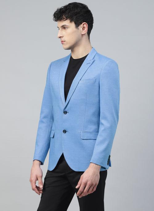 Sky Blue Knit Solid Uncrushable Peak Collar Jacket