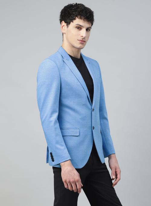 Sky Blue Knit Solid Uncrushable Peak Collar Jacket