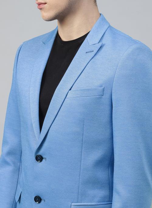 Sky Blue Knit Solid Uncrushable Peak Collar Jacket