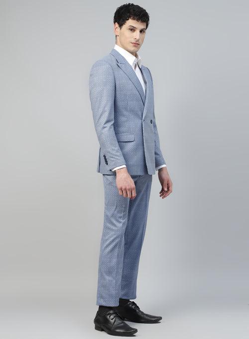 Blue Knit Check Double Breasted 2Pcs Suit