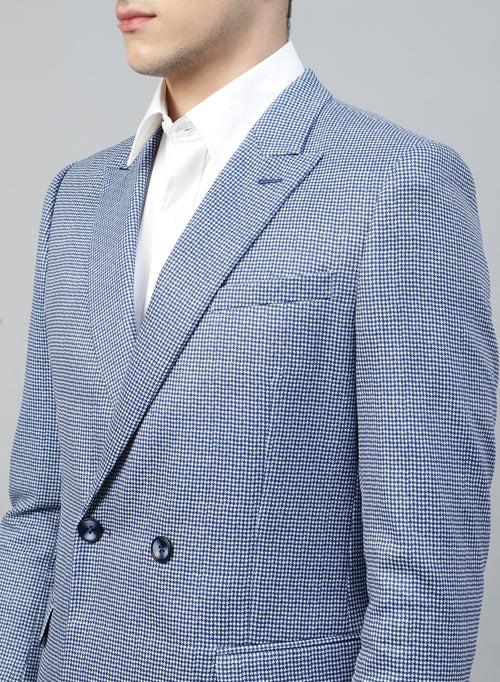 Blue Knit Check Double Breasted 2Pcs Suit