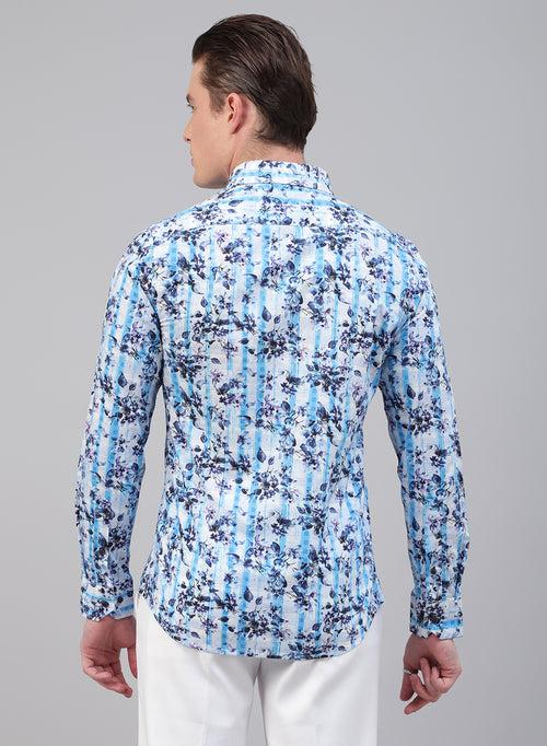 White & Blue 100% Cotton Printed Casual Shirt