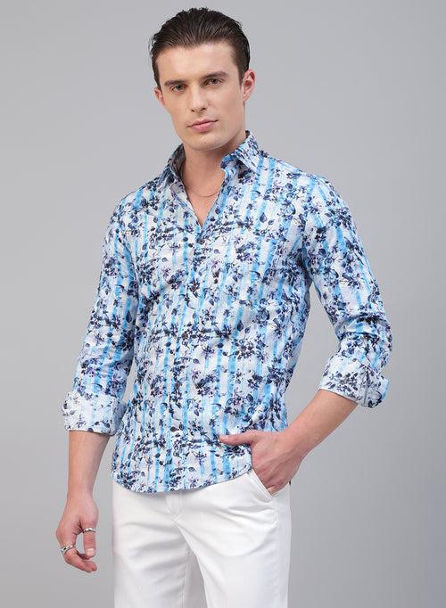 White & Blue 100% Cotton Printed Casual Shirt