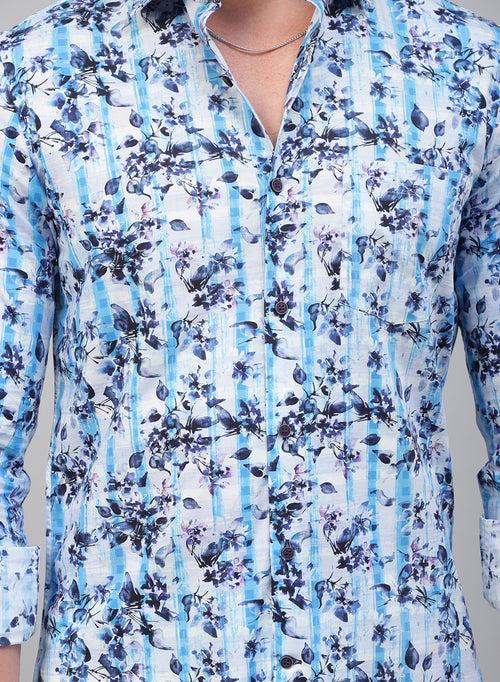 White & Blue 100% Cotton Printed Casual Shirt