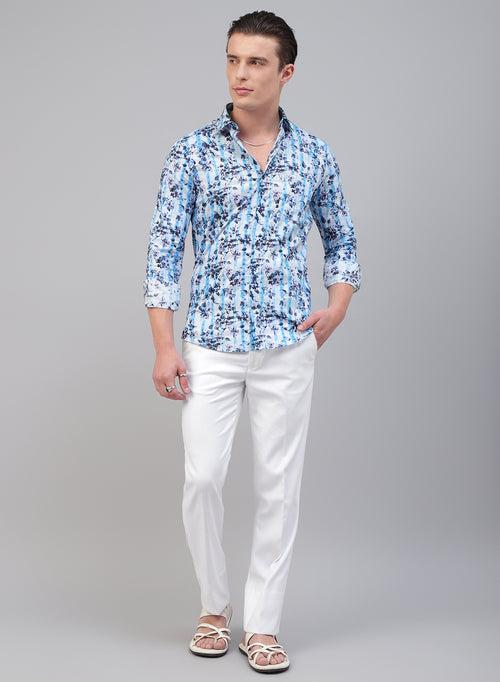 White & Blue 100% Cotton Printed Casual Shirt