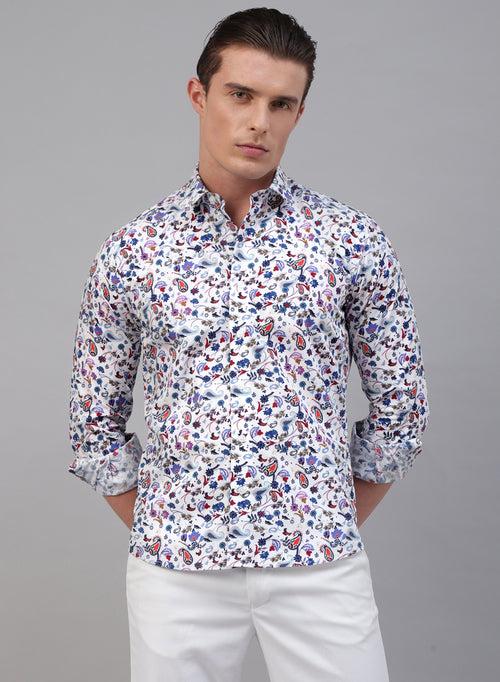 White 100% Cotton Printed Casual Shirt