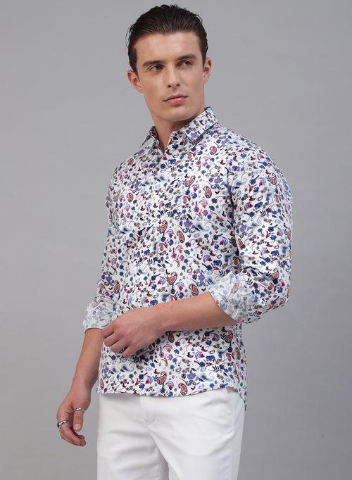 White 100% Cotton Printed Casual Shirt