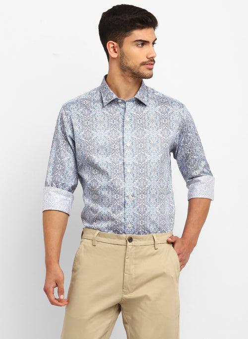 Blue & Grey Cotton Printed Casual Shirt