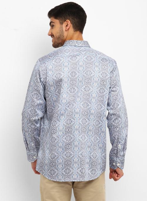 Blue & Grey Cotton Printed Casual Shirt