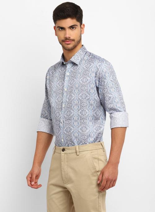 Blue & Grey Cotton Printed Casual Shirt