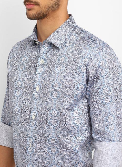 Blue & Grey Cotton Printed Casual Shirt