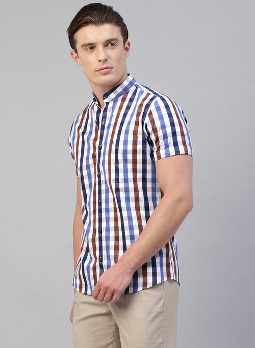 Blue Check Band Collar Half Sleeve Shirt