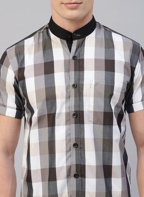 Grey Check Band Collar Half Sleeve Shirt