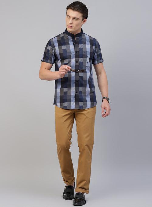 Blue Check Band Collar Half Sleeve Shirt