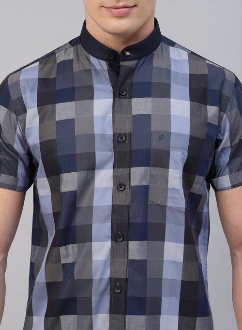 Blue Check Band Collar Half Sleeve Shirt