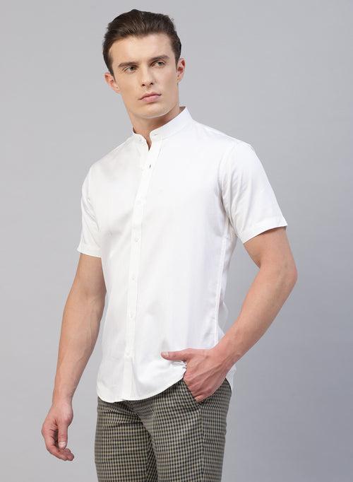 White Cotton Band Collar Half Sleeve Shirt