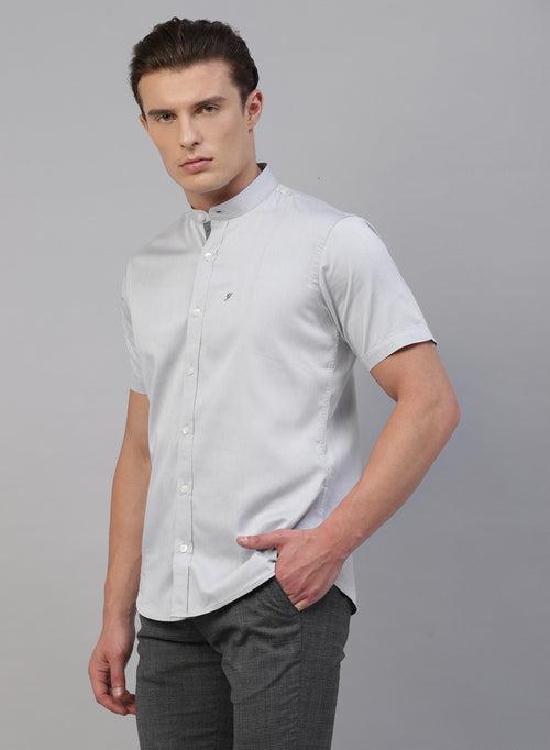 Grey Band Collar Half Sleeve Shirt