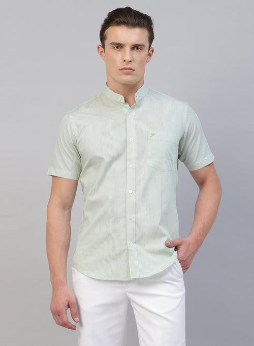 Green Stripe Band Collar Half Sleeve Shirt