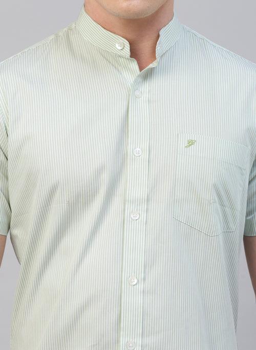 Green Stripe Band Collar Half Sleeve Shirt