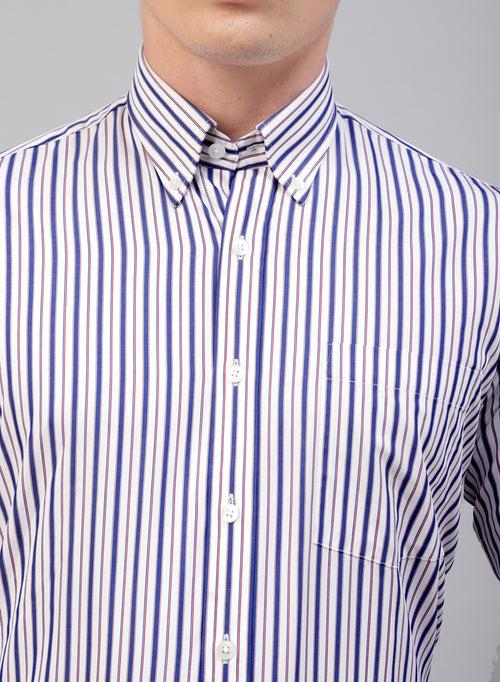White & Blue Cotton Button Down Stripe Formal Shirt