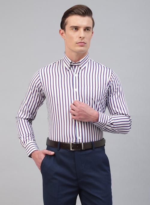 White & Maroon Cotton Button Down Stripe Formal Shirt