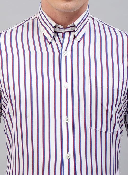 White & Maroon Cotton Button Down Stripe Formal Shirt