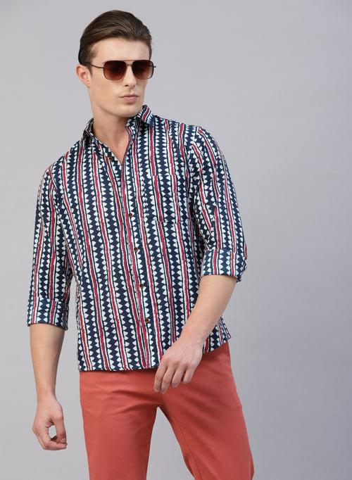 Blue 100% Cotton Printed Casual Shirts
