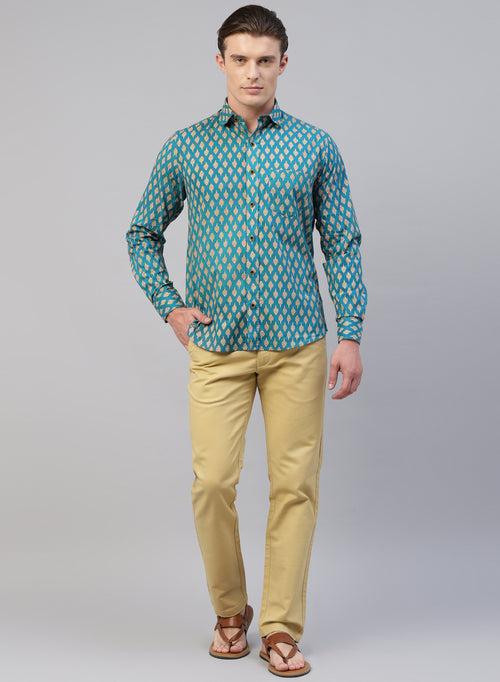Teal Blue 100% Cotton Printed Casual Shirts