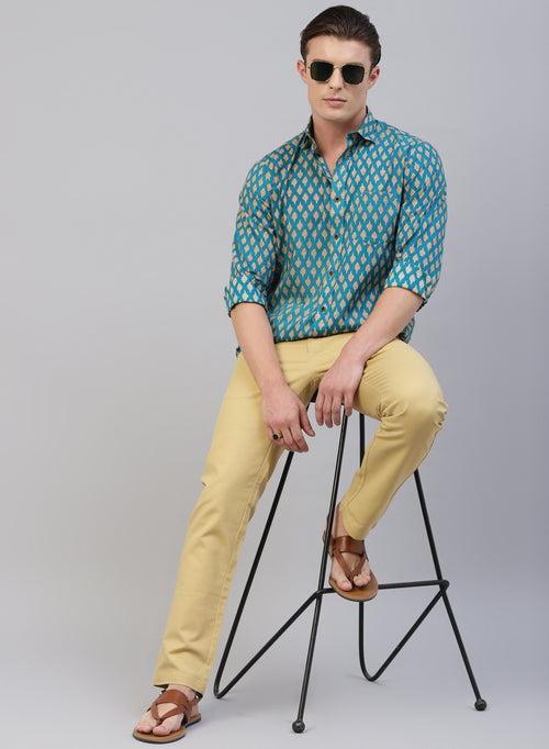 Teal Blue 100% Cotton Printed Casual Shirts